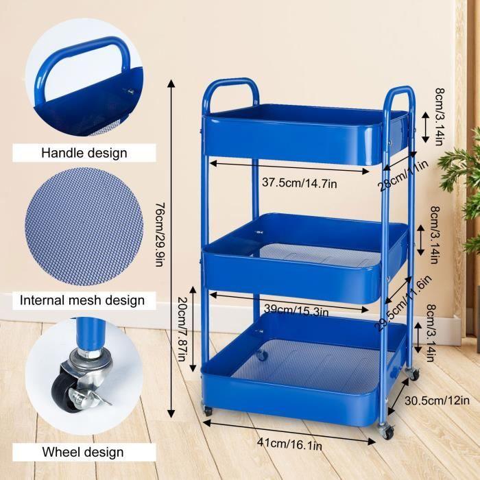 Chariot à 3 niveaux - 41 x 30,5 x 76 cm - Bleu - Plastique et métal - Roulettes
