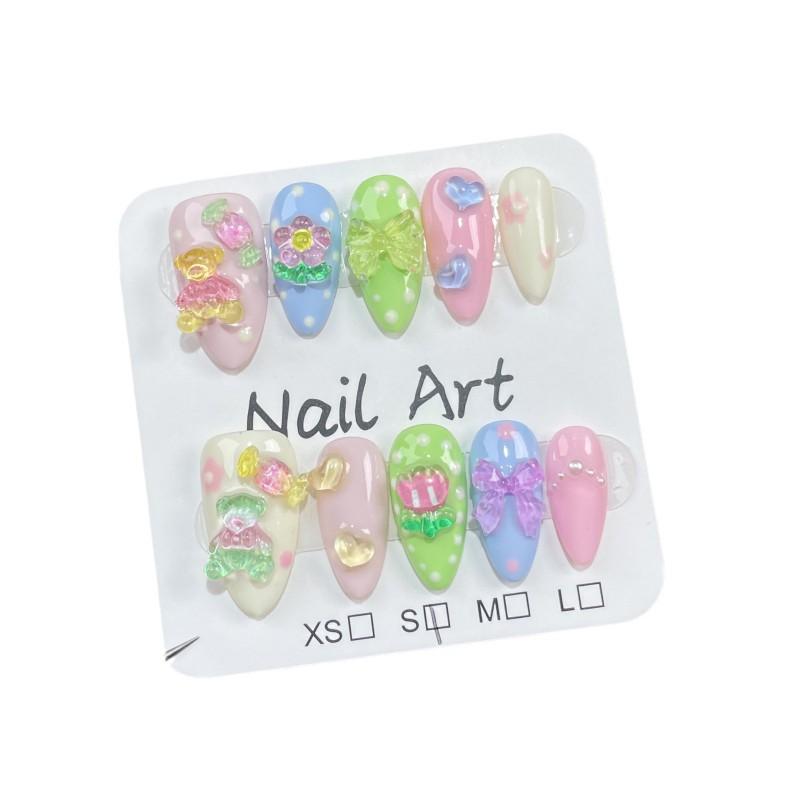 Sweet Cute Cartoon Press-On Nails Short Almond Shape Self-Adhesive Nail Tips Women Girls