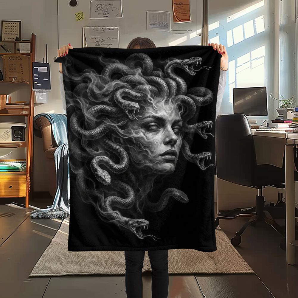 Dark Cupid Medusa Wolf Skull Print Flannel Blanket,High quality Comfortable for All Seasons,Home Decor,Warmth and Comfort,Perfect for Christmas Gifts