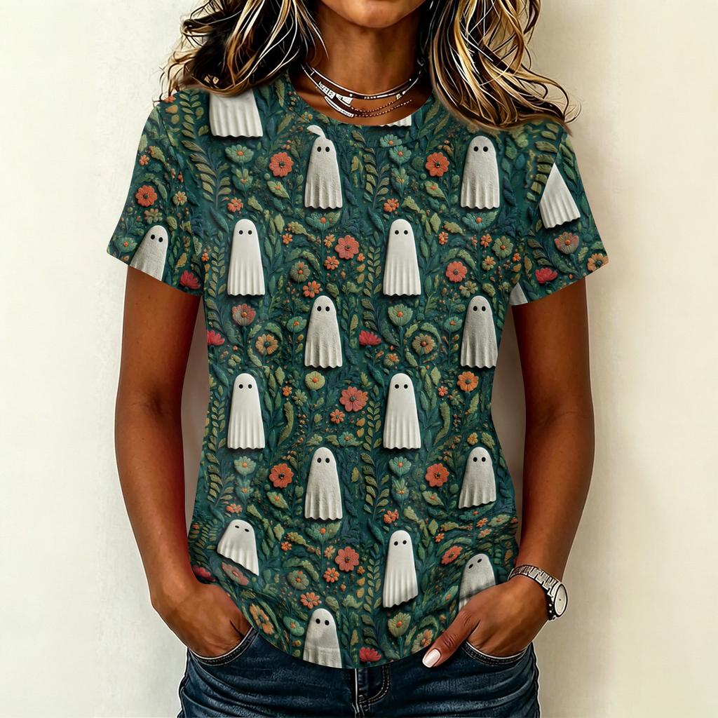 Women's Casual Short Sleeve Round Neck Pullover T-Shirt with Halloween Print
