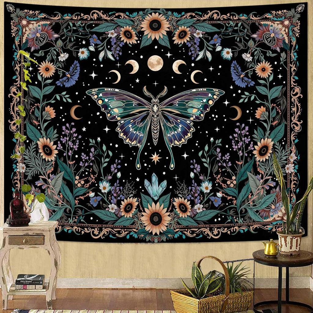 Faxdong Boho Green Butterfly Tapestry, Aesthetic Triple Moon and Sunflowers Crystal Tapestries, Moth Mystic Decor for Bedroom Living Room