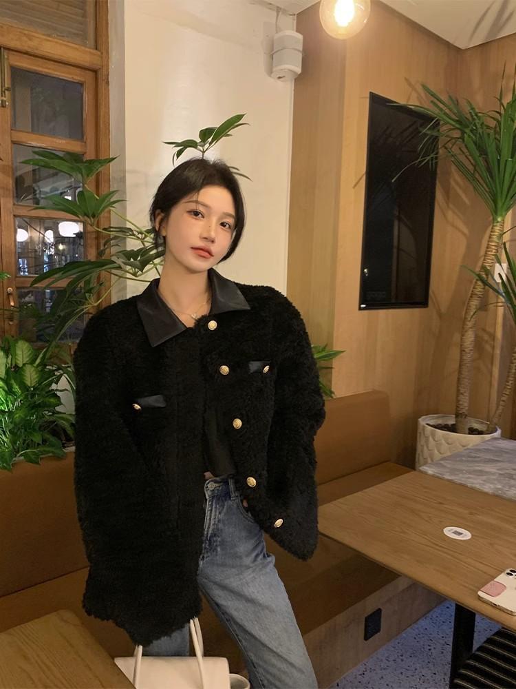 Fur coat new small fragrant style gold buckle splicing shirt lapel imitation lamb wool coat thick coat women's winter