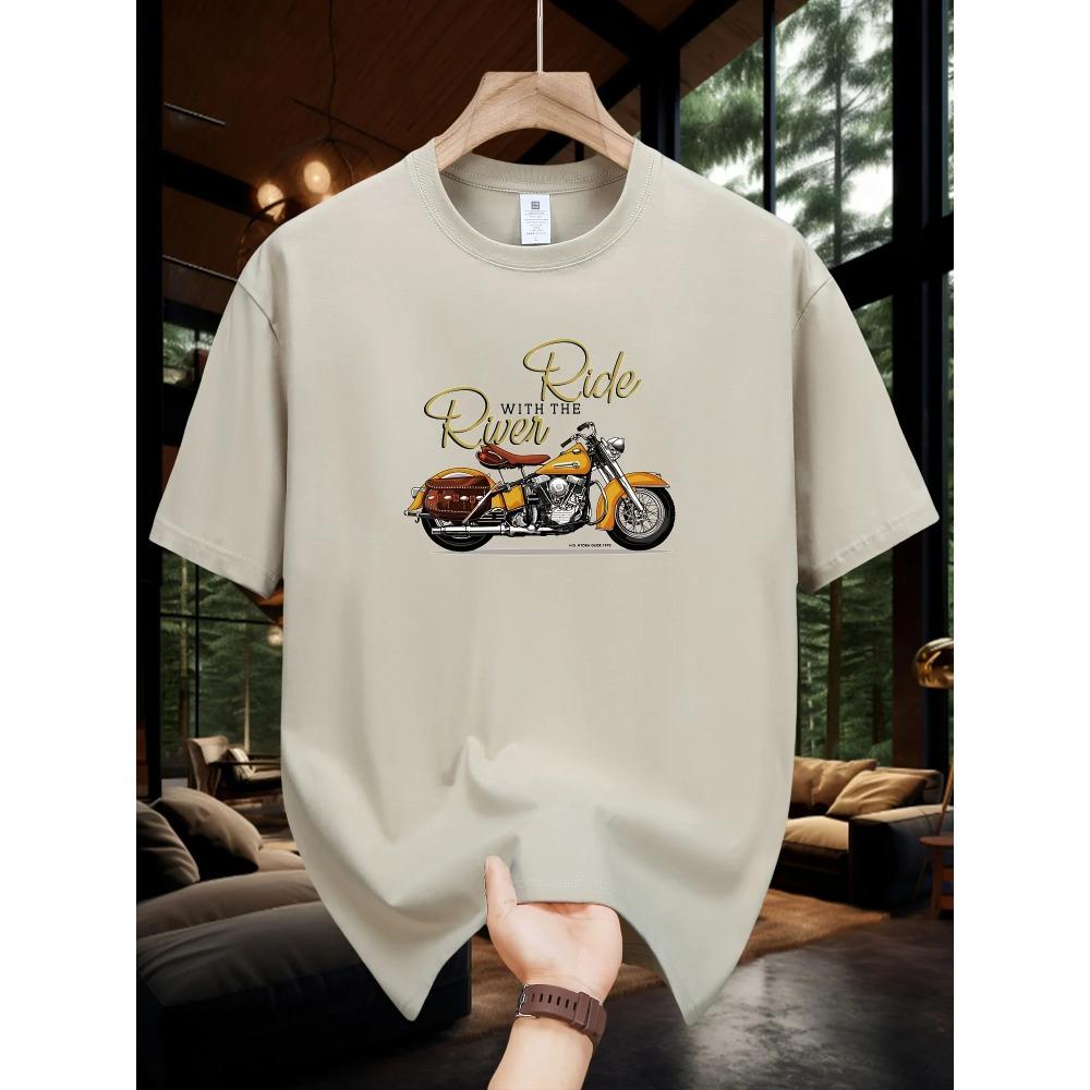 Men's Summer 100 Cotton Fashionable Casual Loose Large Size Classic Motorcycle Pattern Printed Round Neck Short Sleeve T-shirt