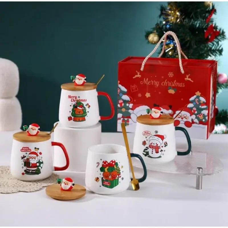 Cute Christmas Holiday Gift with Santa Claus Ceramic Cups Accompanied by Hand Gifts Mugs with Lid Spoon Creative Gift Box