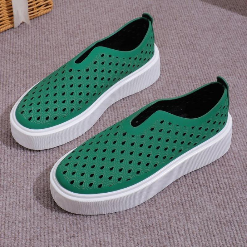 Thick Soled Hollow Breathable Low Top Single Shoe for Women, V-mouth Sponge Cake Set Foot Board Shoes