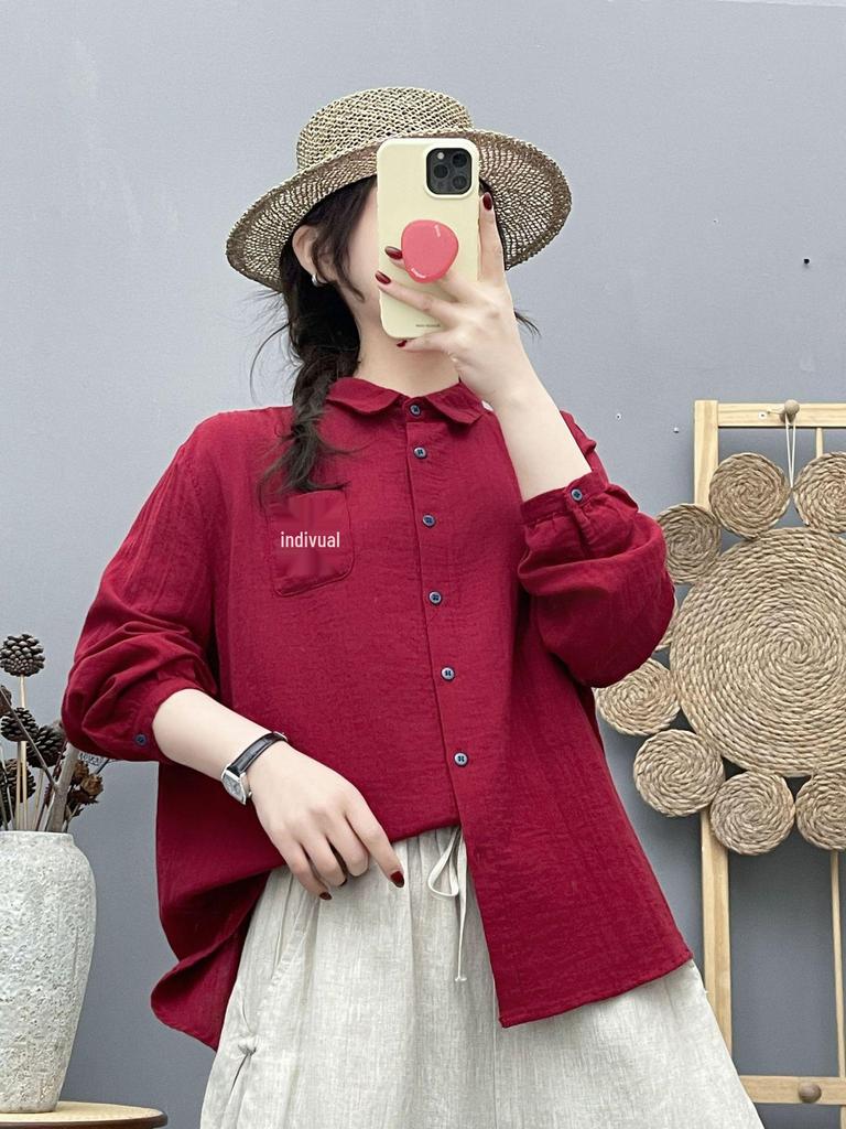 Women's Japanese Retro Double-Layer Cotton Gauze Shirt with Small Horse Embroidery