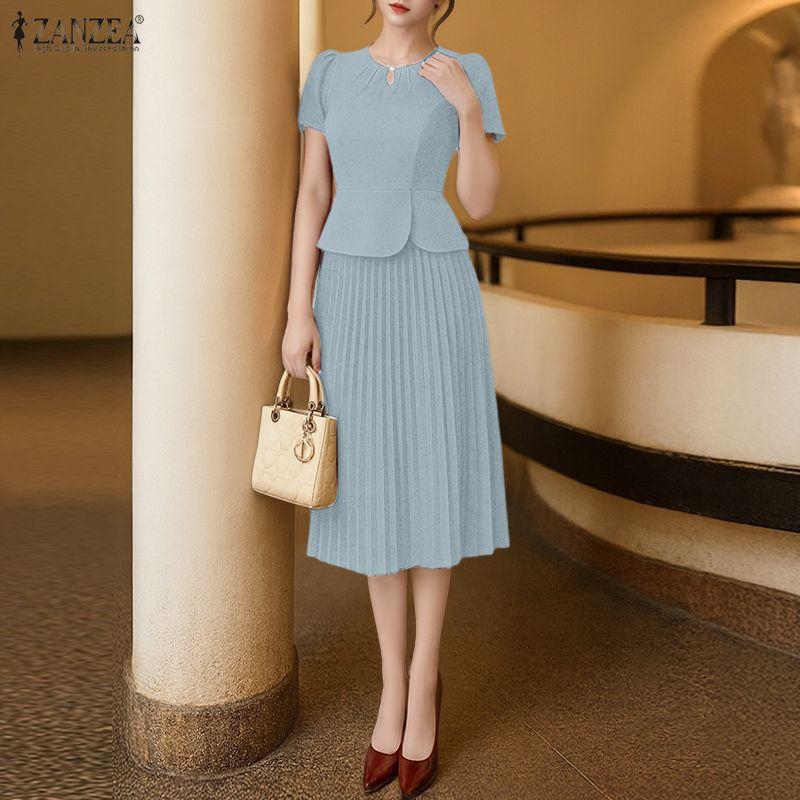 ZANZEA Women Short Sleeve Blouse and Skirts Summer Two Piece Suit Sets