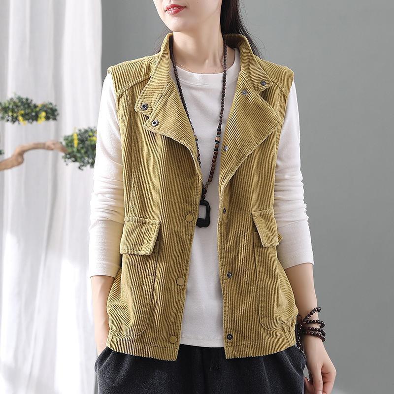 Gilet Vintage in Velluto a Coste con Collo Alto da Donna Gilet Giacca Versatile a Spalla in Velluto a Righe a Colore Solido Largo