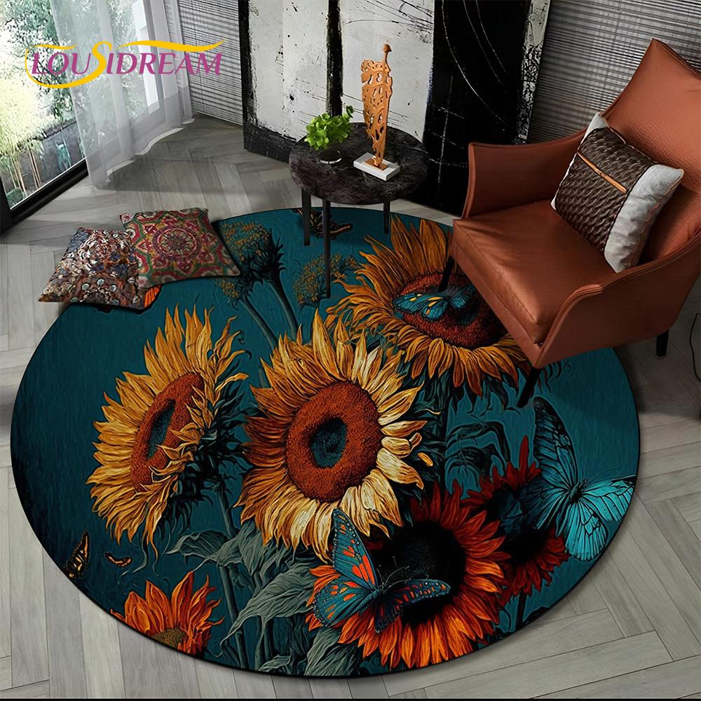 Luxuriöser Sonnenblumen 3D Rosen Nordische Gänseblümchen Runder Teppich Teppich für Wohnzimmer Schlafzimmer Sofa Dekor, Kinderbereich Teppich Rutschfeste Bodenmatte Geschenk
