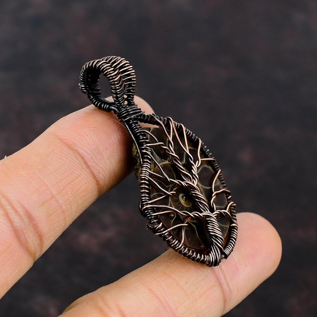 Pandantiv Fosil Amonit Arborele Vieții Pandantiv Înfășurat în Sârmă de Cupru Bijuterii cu Pietre Semiprețioase Pandantiv Făcut Manual Cadou pentru Mamă Bijuterii Înfășurate în Sârmă de Cupru