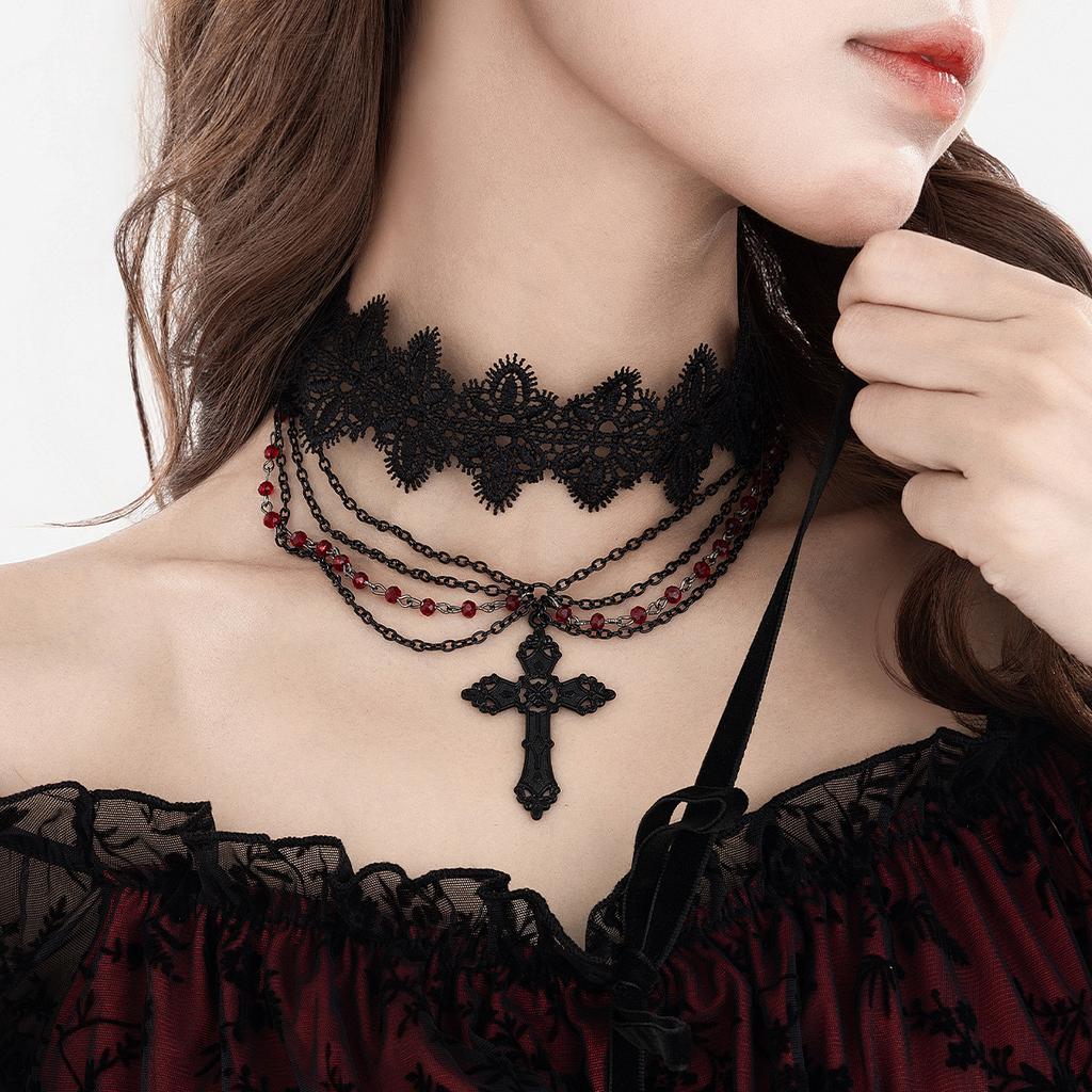 European and American Gothic Style Dark Cross Necklace, Actress Beaded Fringed Collar Necklace