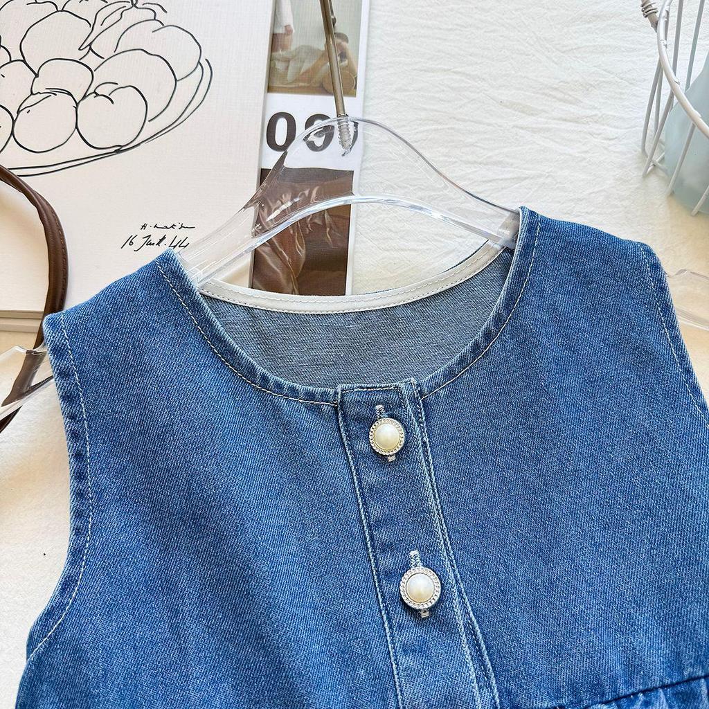 Girls' Soft Denim Vest & Wide-Leg Pants Set with Floral Embroidery - Summer Style Two-Piece Outfit