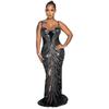 European and American style mesh yarn hot diamond suspender long dress low-cut sexy backless perspective hip skirt waist dress
