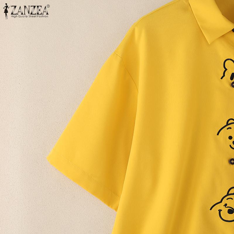 ZANZEA Women Turn Down Collar Loose Short Sleeve Print Blouse