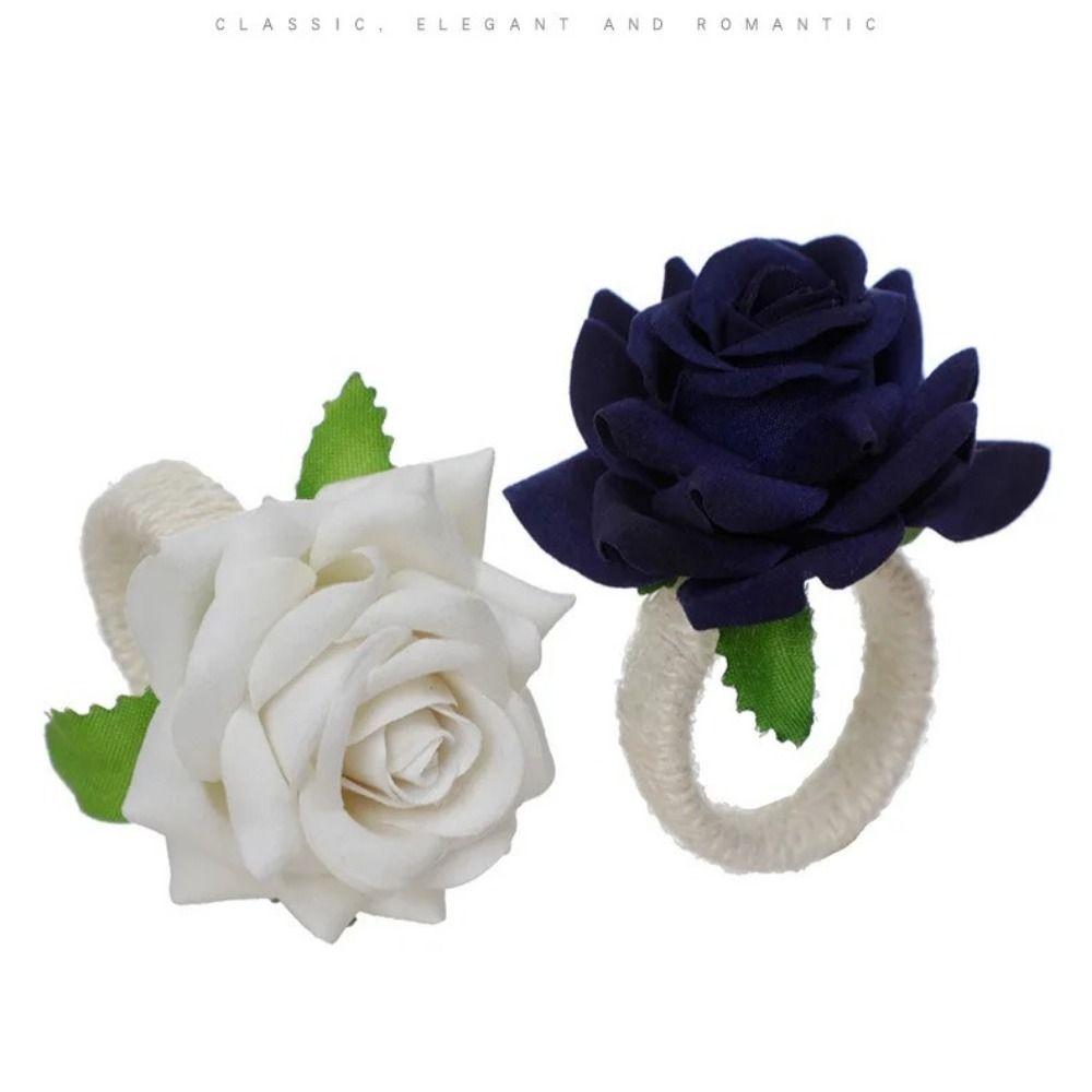 6pcs Artificial Rose Flower Towel Buckle with Rope Table Decoration Napkin Ring Valentine's Day