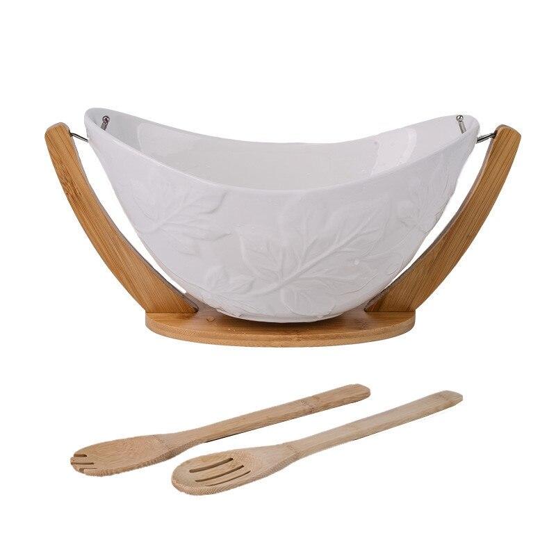 Deep Hanging Ceramic Salad Bowl And Bamboo Salad Bowl With Stand Decorative Fruit Tray With Spoon | bowls