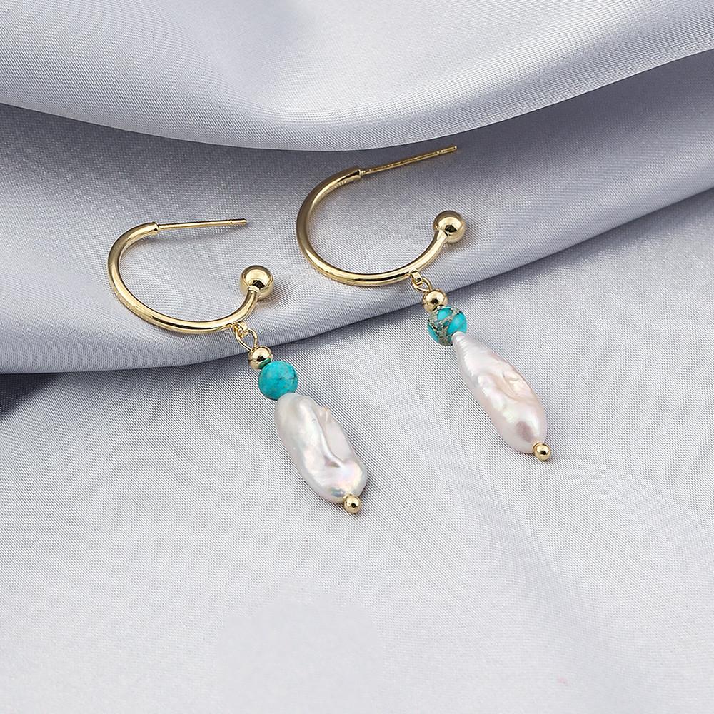 Asymmetrical Creative Pearl Natural Stone Earrings Fashionable Alloy Geometric Design