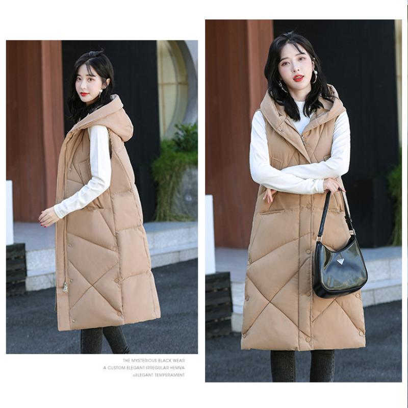 Autumn and Winter Women's Solid Color Hooded Loose Mid-length Windproof Warm Vest Sleeveless Women's Jacket