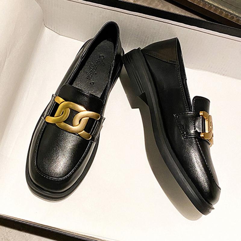 Mode 2025 Luxus Metallkette Oxfords Schuhe Damen Eckige Zehen Loafers Schwarz/Braun Leder Ballerinas Mujer Mocasines Büro Alltag Sneakers