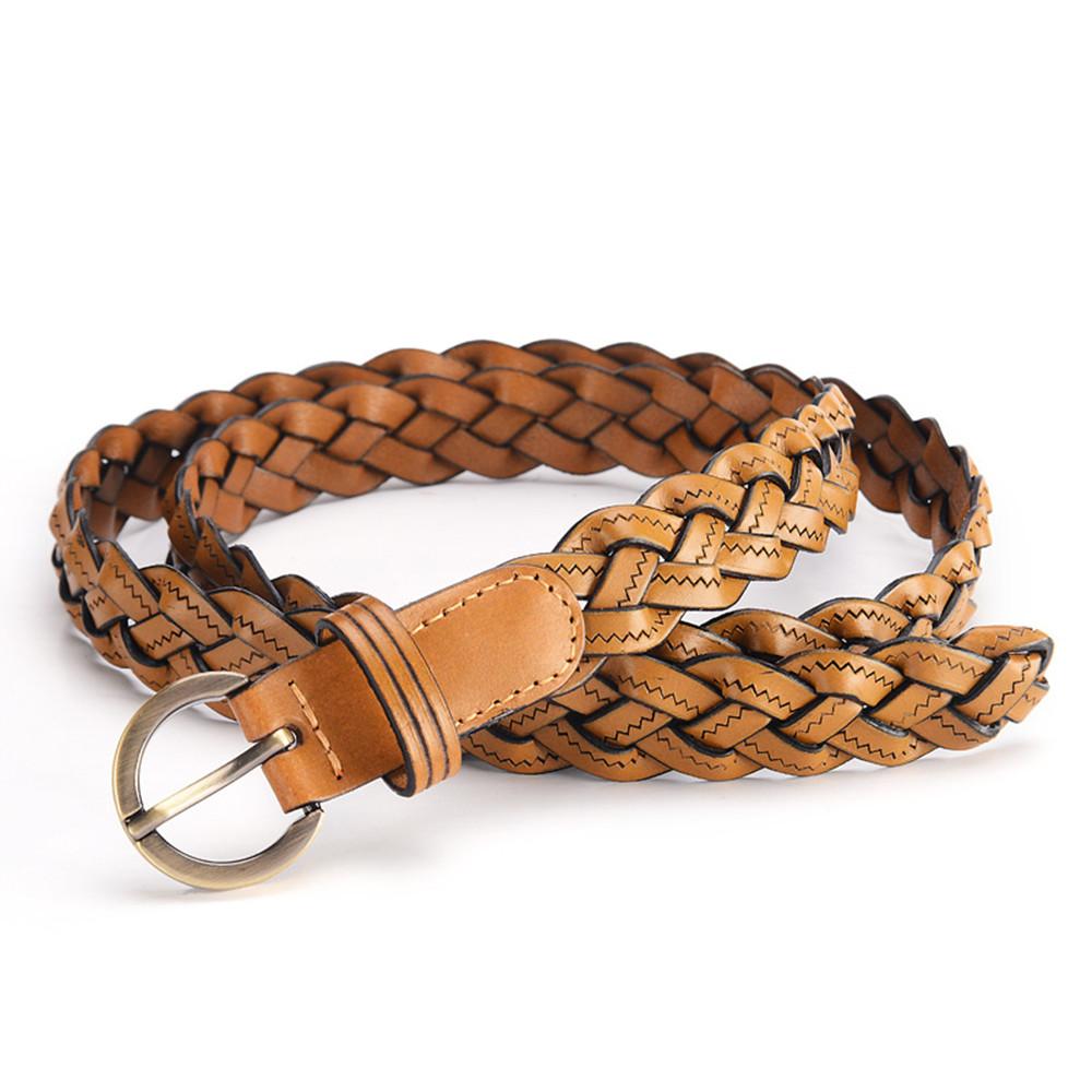 Women Leather Belt Waist Bands with Round Gold Buckle Braided Dress Belt Casual Thin Belt For Student Ladies Clothes Accessories