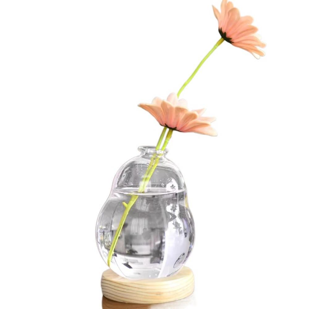 Transparent/Pink Creative Bubble Glass Vase With Wood Base Desktop Decorating Flowerpot  Home