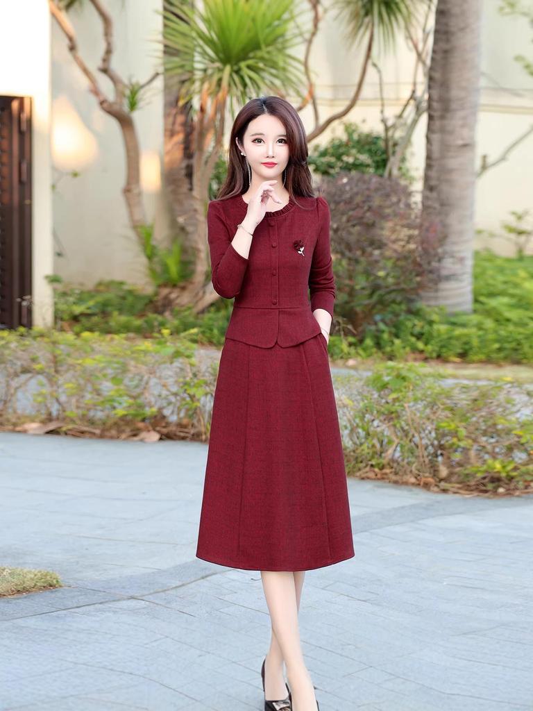 2026 Spring Korean Style Slim Fit Faux Two-Piece Dress - Elegant Round Neck Midi for Women
