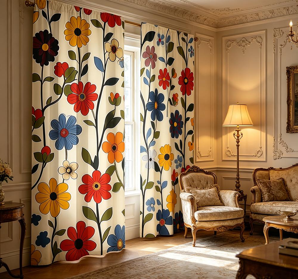 2PCS Digital Printed Curtains, Colorful Big Floral Vibrant Botanical, Rod Pocket Window Drapes for Living Room Bedroom Decor