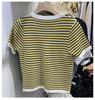 Fashion Summer Temperament Versatile Striped V-neck Pearl Buttons Short Paragraph Short-sleeved Knit Shirt Tops Female Casual Slim Fit Pullovers Tees