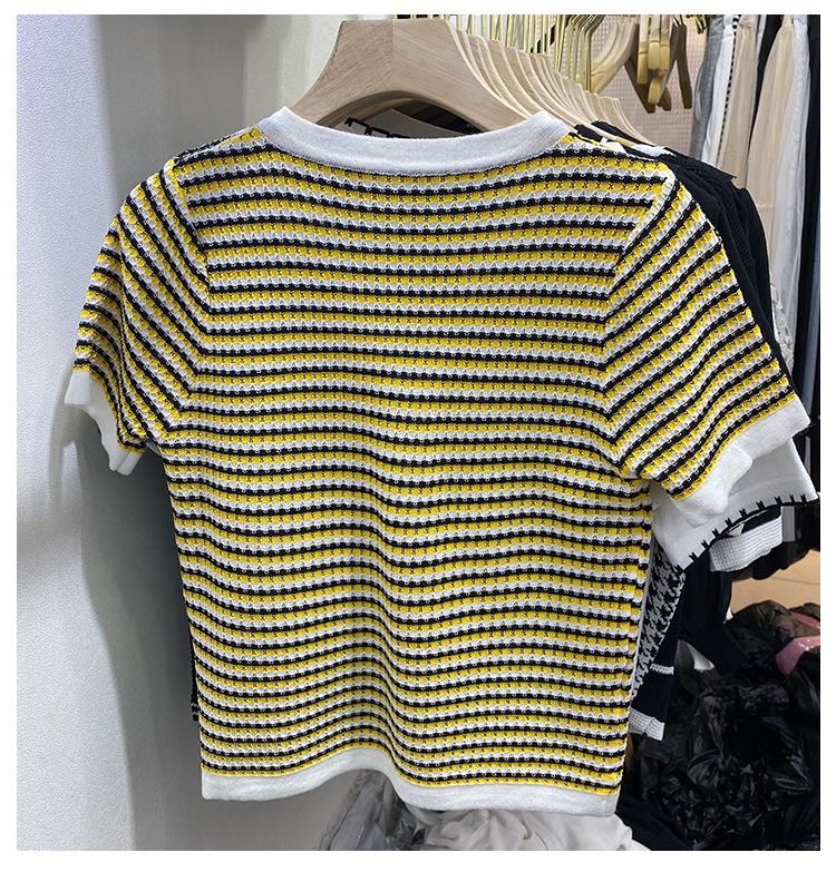 Fashion Summer Temperament Versatile Striped V-neck Pearl Buttons Short Paragraph Short-sleeved Knit Shirt Tops Female Casual Slim Fit Pullovers Tees