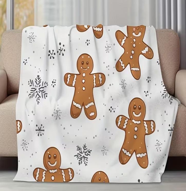1pc White Cute Gingerbread for Man Snowflake Soft Printed Christmas Gift Blanket Bedroom and Living Room Room Decorative Blanket