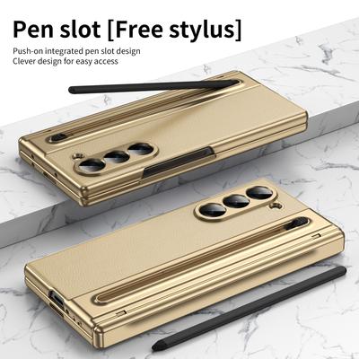 Compatibile per Samsung Galaxy Z Fold 7 6 5 4 Custodia con Penna, Rivestimento Oro Pelle PU Custodia Z Fold 7 con Pellicola in Vetro, Cerniera