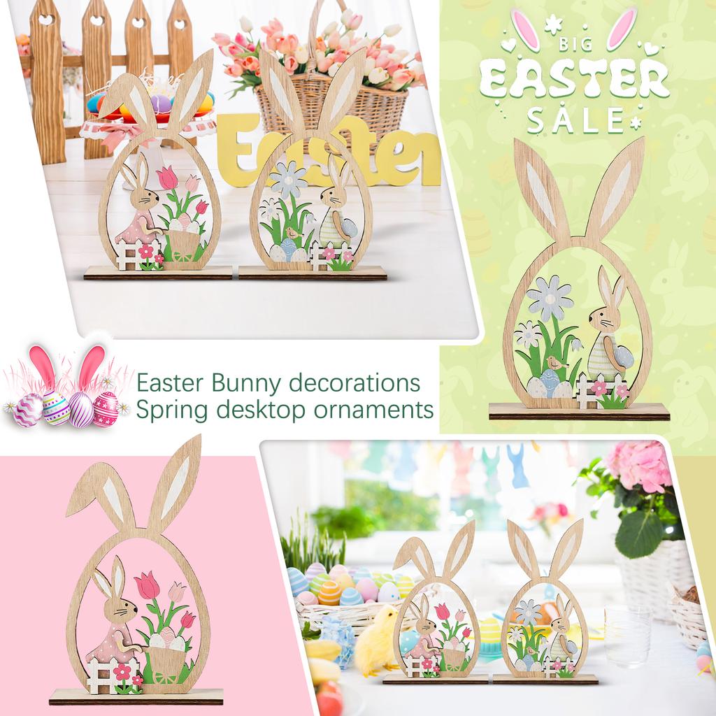 2 Pcs Wooden Easter Bunny Decor, Spring Tabletop Ornaments With Egg & Flower Cutout Design