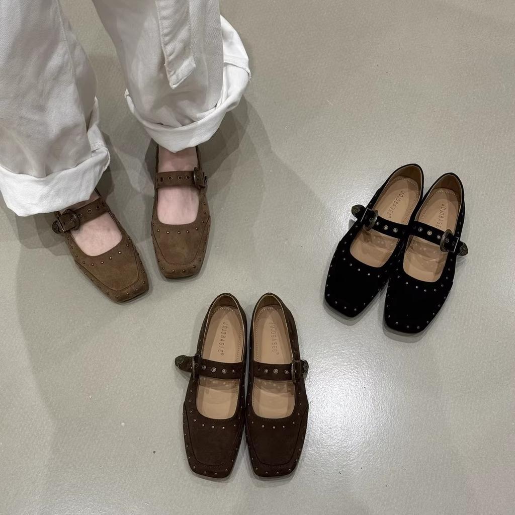 2025 autumn new retro one-word with square head Mary Jane shoes French fairy flat bottom shallow mouth single shoes grandma shoes