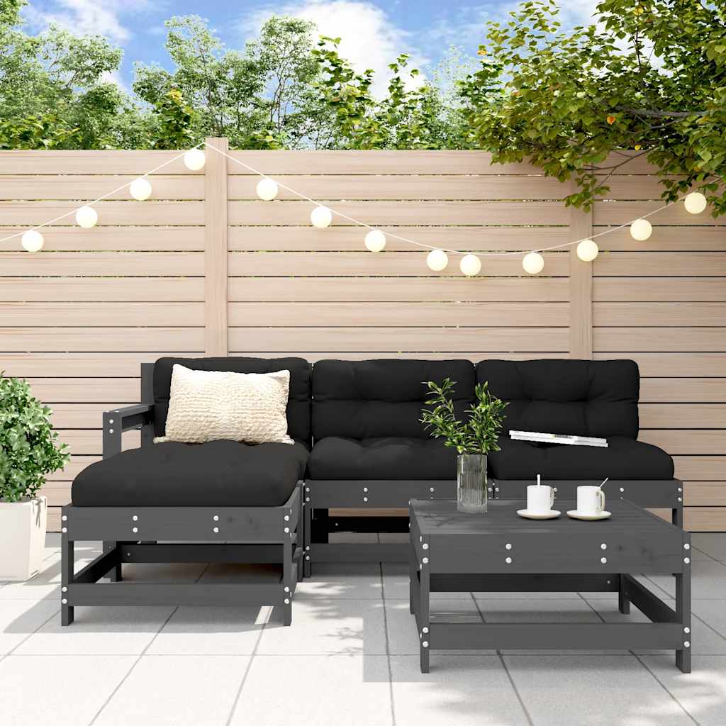 5 Piece Garden Lounge Set with Cushions Gray Solid Wood