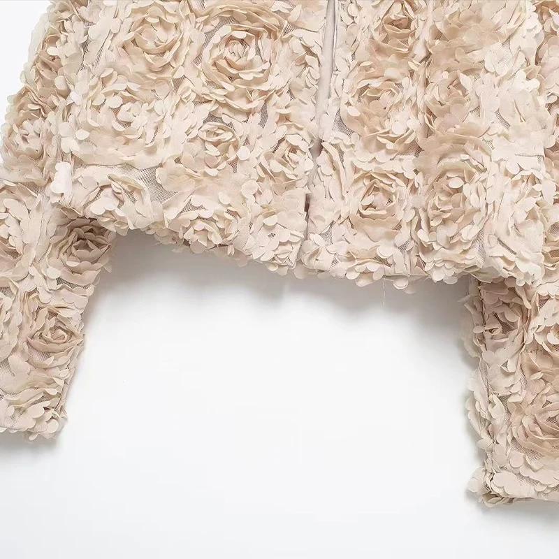 Street Short 3d Flower Lace Jacket Women Chic O-neck Long Sleeve Zipper Female Coats Autumn Lady All-match Outwears