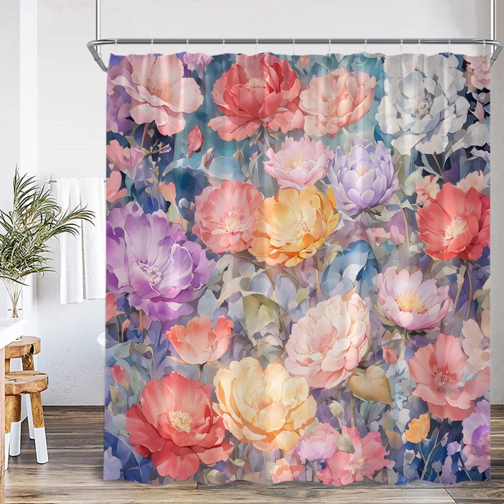 Watercolor Floral Shower Curtain Daisy Herb Plant Flower Botanical Bathroom Decor Modern Dark Polyester Bath Curtain With Hooks