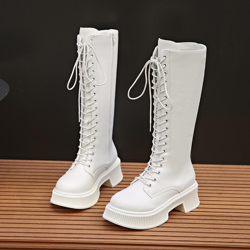Modă Cizme Dama Până la Mijlocul Gambei Toamnă/Iarnă Stil Punk Vârf Rotund Tocuri Groase Cu Șireturi Fermoar Măresc Înălțimea Piele PU Cizme Moto