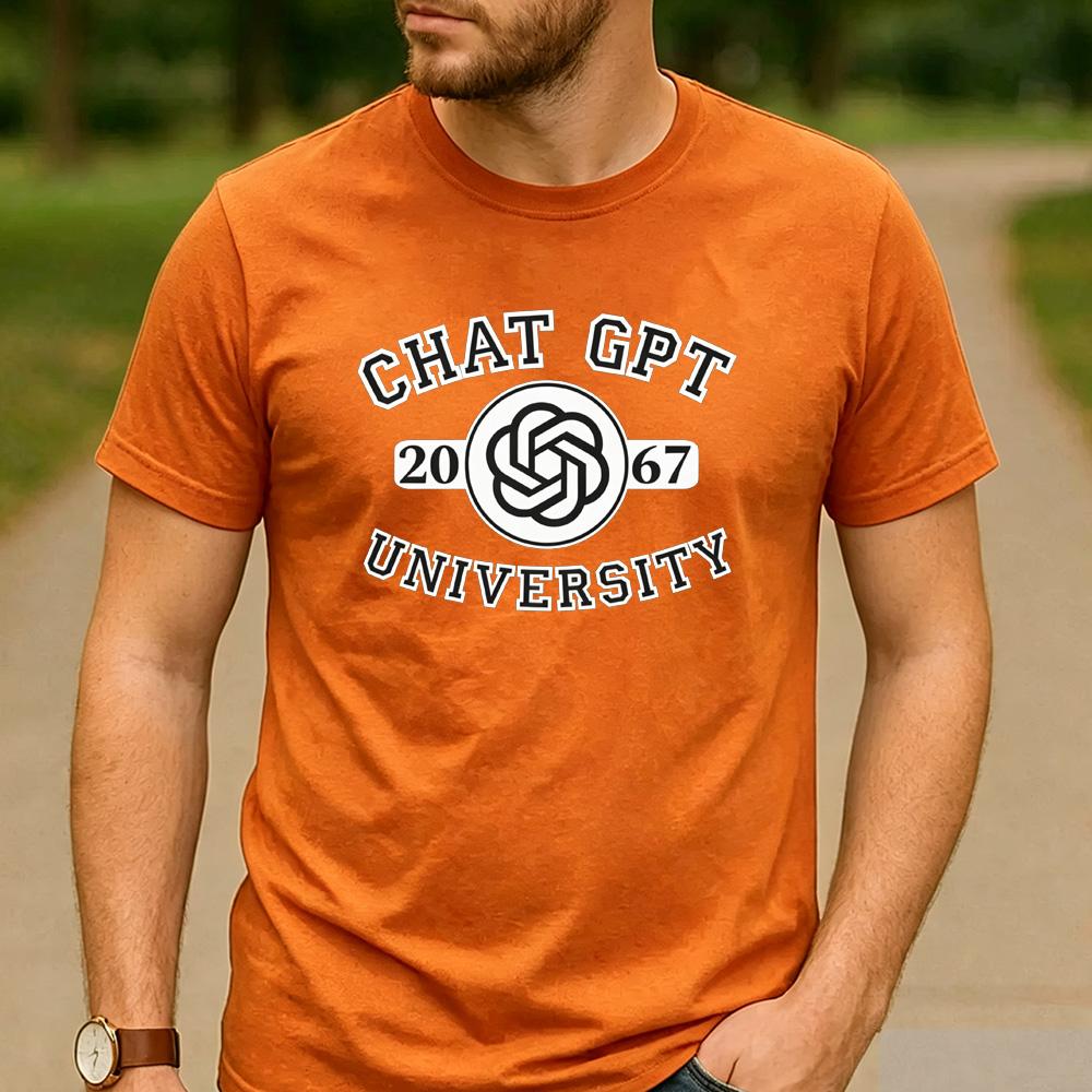 Chat GPT University Twist Knot Est 2067 Graphic T Shirt Unisex Crew Neck Short Sleeve Tech Geek Holiday Gift Tee