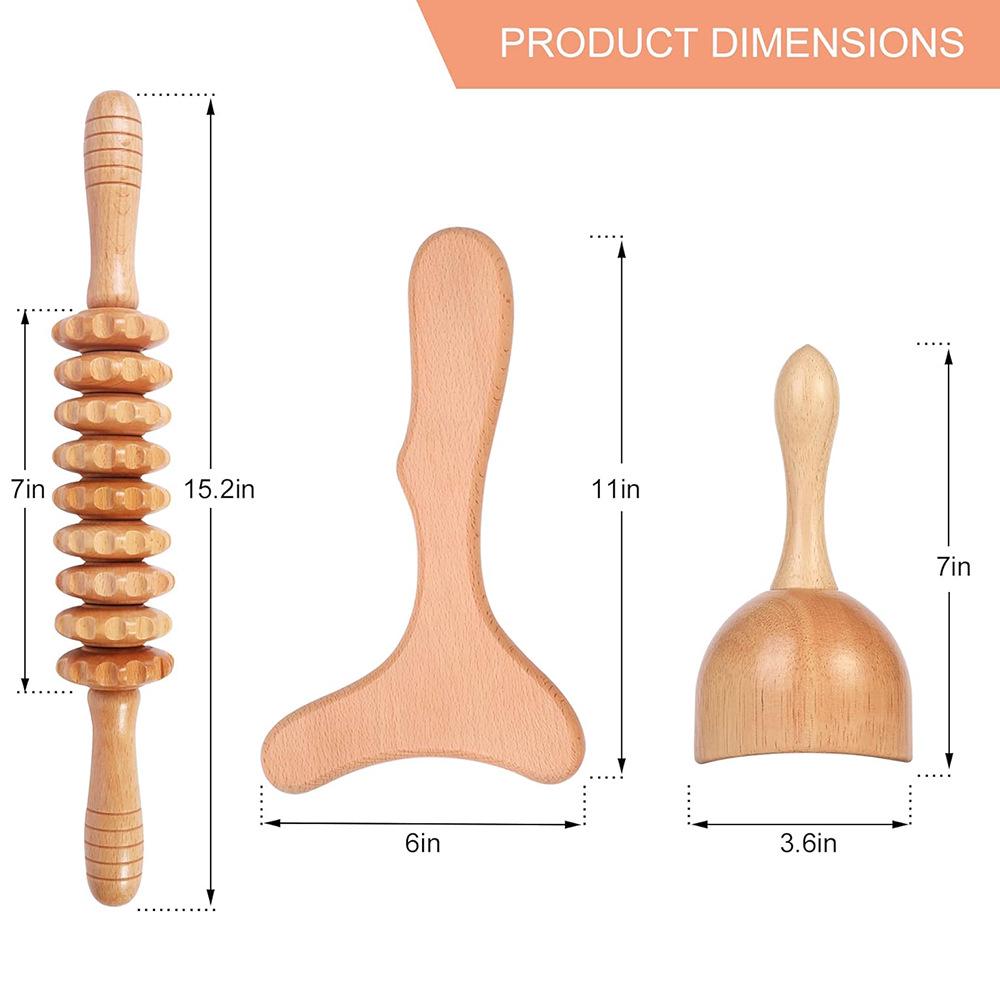 Solid Wood Meridian Massage Set: Face & Leg Gua Sha, Handheld Roller for Full Body Relief