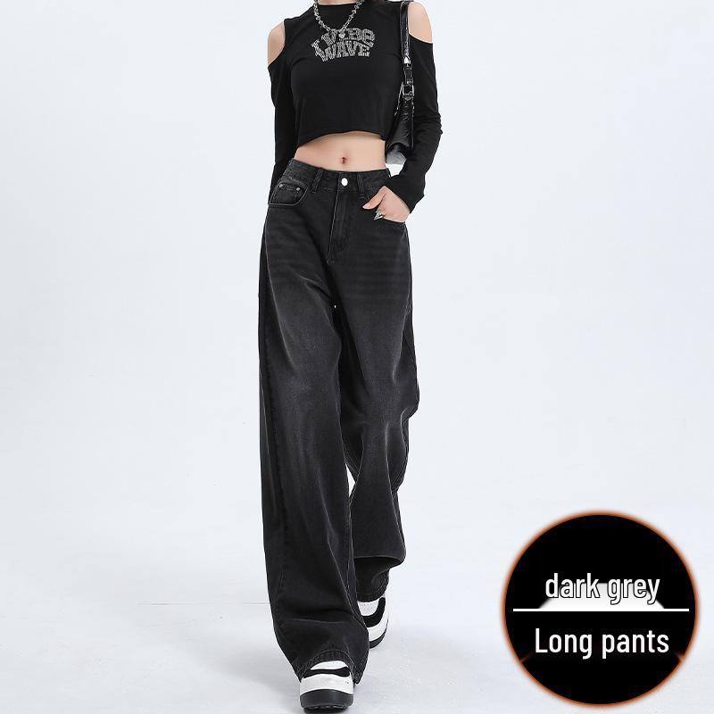 

Women s Black-Grey High-Waisted Wide-Leg Jeans, 2025 Autumn Style, Slimming and Versatile Floor-Length Pants. XS for 75-82 jin