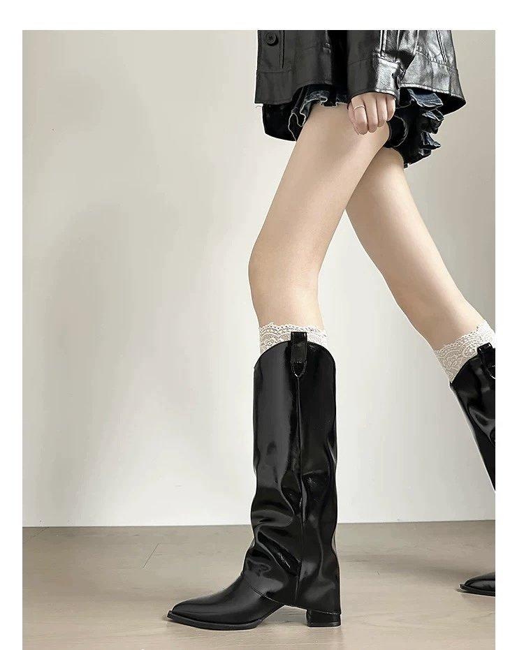 Hosenstiefel Damen 2025 Herbst und Winter neuer Stil Spitz zulaufend Über dem Knie Lange Stiefel Dicker Absatz Schlankmachend Ärmel Ritterstiefel