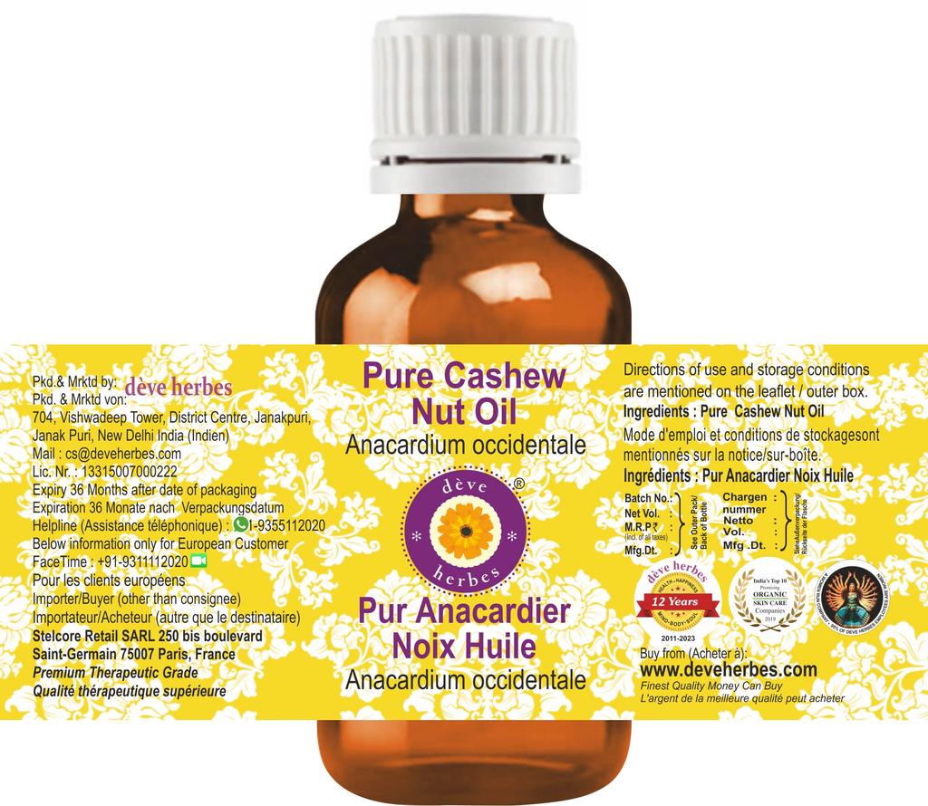 Deve Herbes Cashew Nut Oil (Anacardium occidentale) | Infused | Pure | Non-Sticky | Lightweight | Moisturizing | For Skin & Hair | Multi-Purpose