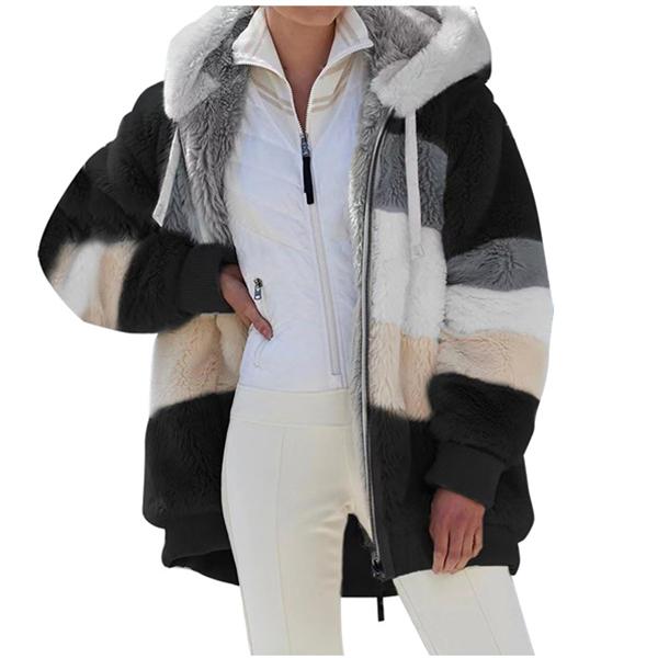 Women's Plush Jacket Winter Warm Coat  Fashion Loose Plush Multicolor Hooded Jacket