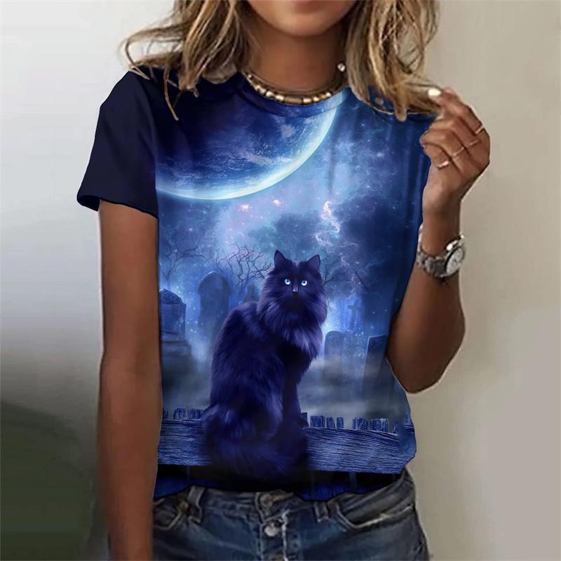 3D Printed Night Cat T-Shirt For Women Colorful Starry Sky Graphic Tees Summer Casual T Shirts Short Sleeves Round Neck Tops
