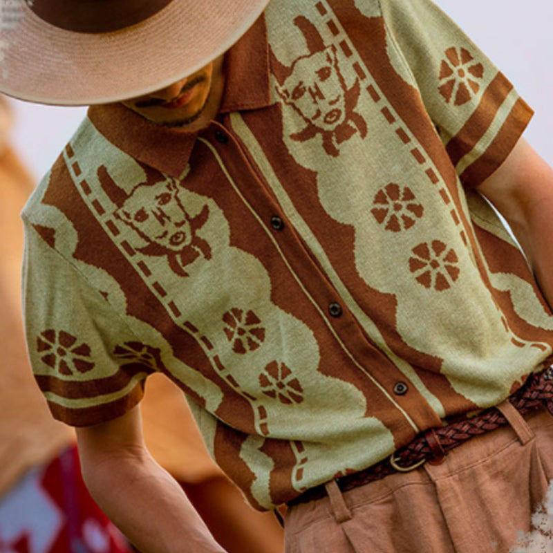 Men' Print Knitwear Short Sleeve Polo Shirt Casual Thin Lapel Button Breathable Cardigan Polo Shirt Summer Fashion Clothes