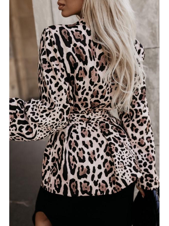 2024 Autumn Women's Leopard Print Tie-Waist Suit Collar Long Sleeve Coat - European & American Style