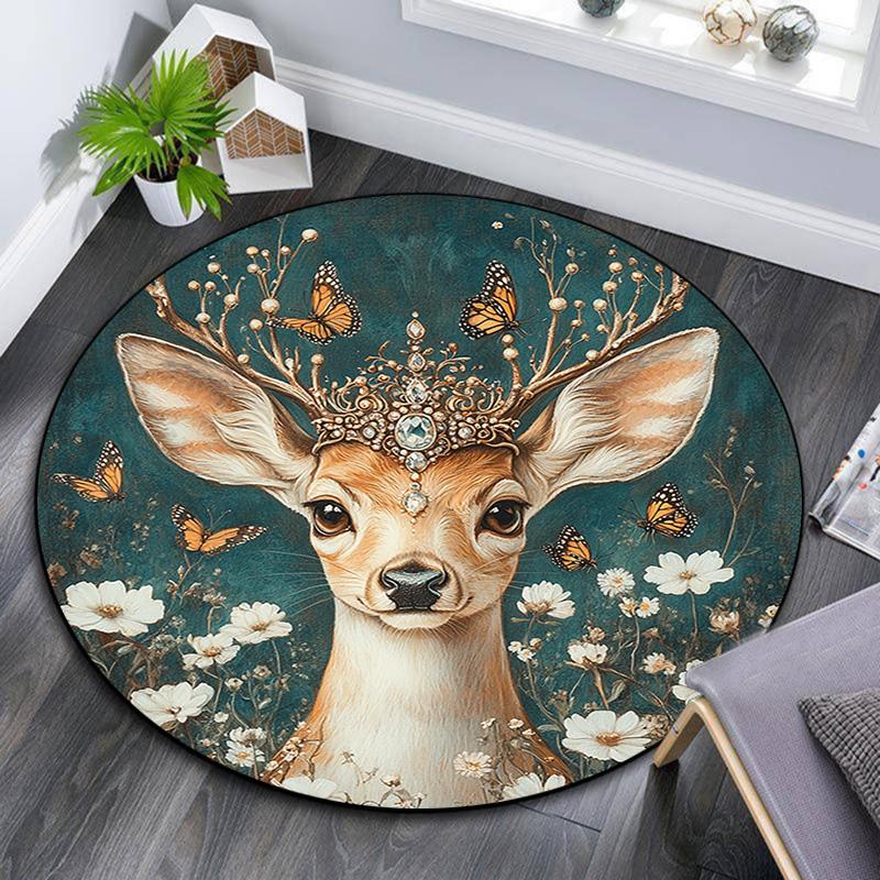 Deer with Flowers Round Area Rug,Carpet Rug for Living Room Bedroom Sofa Playroom Decor,Non-slip Floor Mat