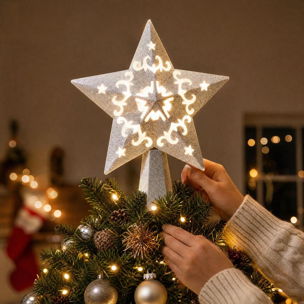Puntale per Albero di Natale a Stella a Cinque Punte con Proiezione di Fiocco di Neve per Decorazione Festiva