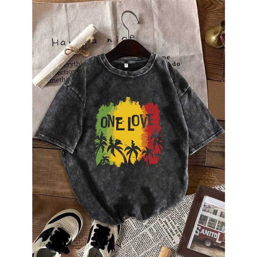 Vintage Washed Black TShirt ONE LOVE Rasta Reggae Palm Tree Graphic Tee Casual Loose Fit Short Sleeve Tops for Men Women S