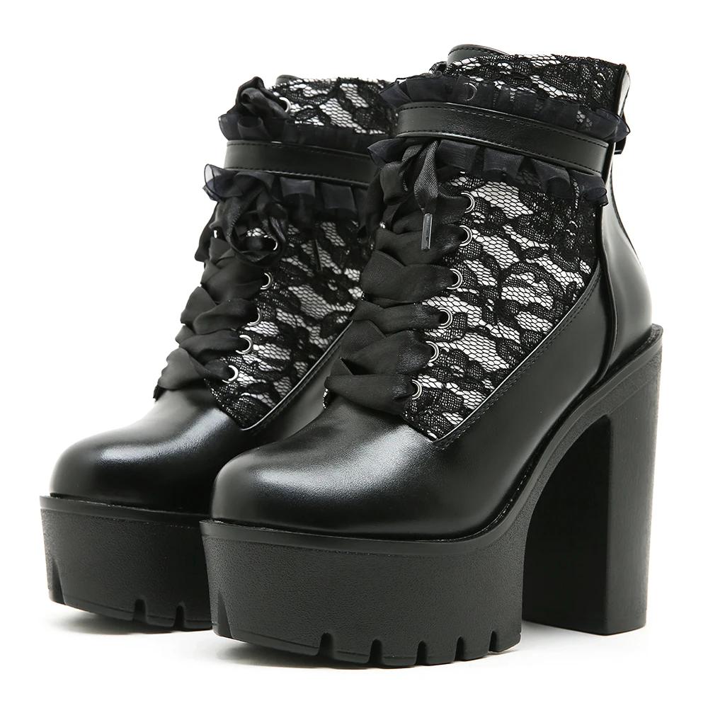 

Готические кружевные лоскутные ботильоны на высоком каблуке для женщин, на молнии, на массивном каблуке, на платформе, короткие ботинки, обувь для ночного клуба, осень 35 чёрный
